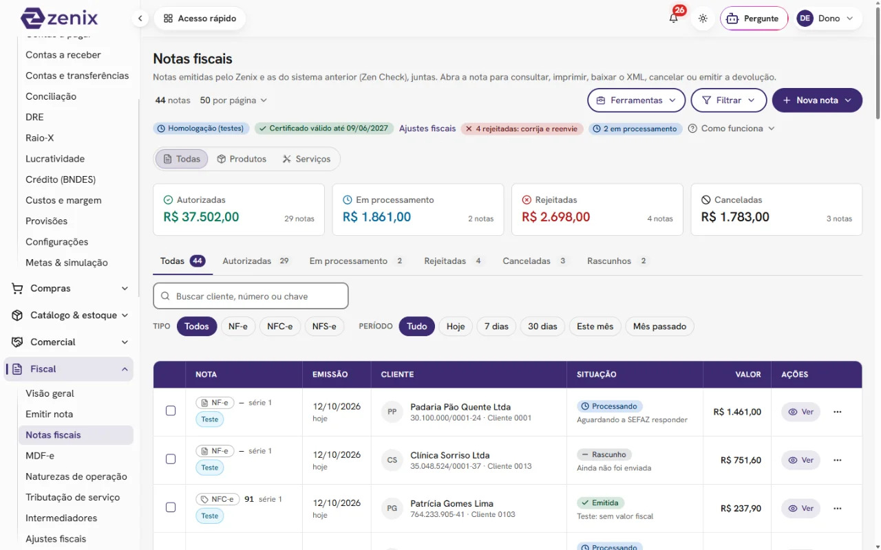 Notas fiscais do Zenix