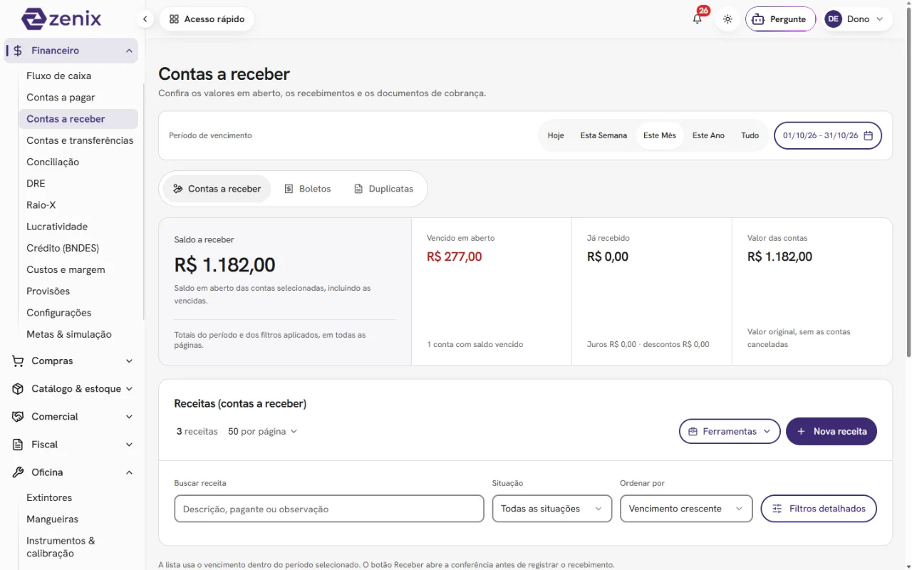 Contas a receber do Zenix